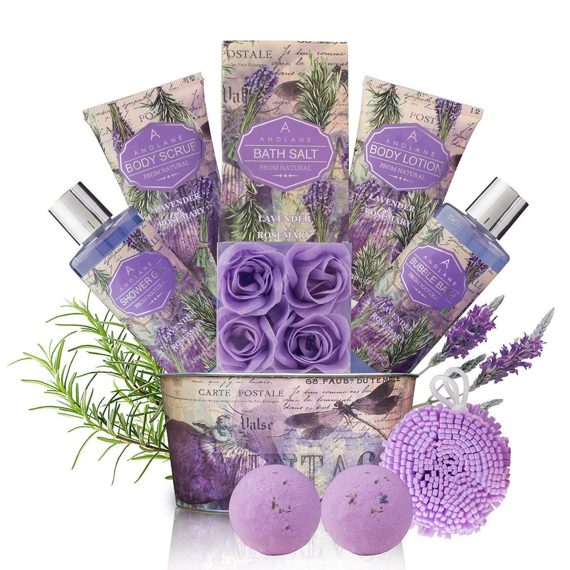Lavender & Rosemary Bath Gift Set for Women | 13pc Spa Basket